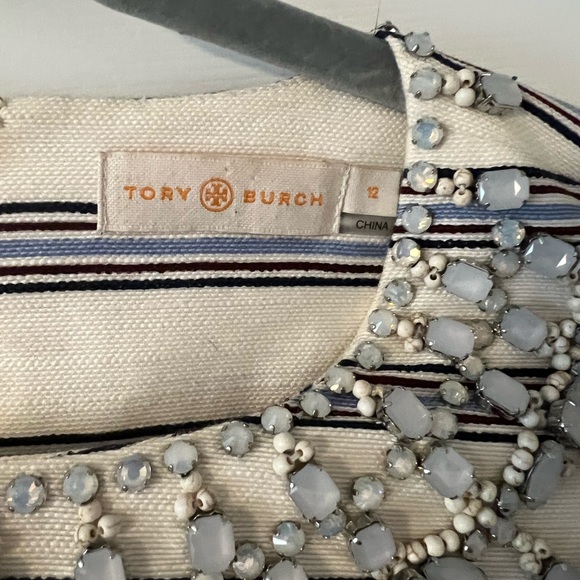 Tory Burch Cream/Blue &Brown Stripe Embellished Sheath Dress, Sz 12 - Picture 2 of 6